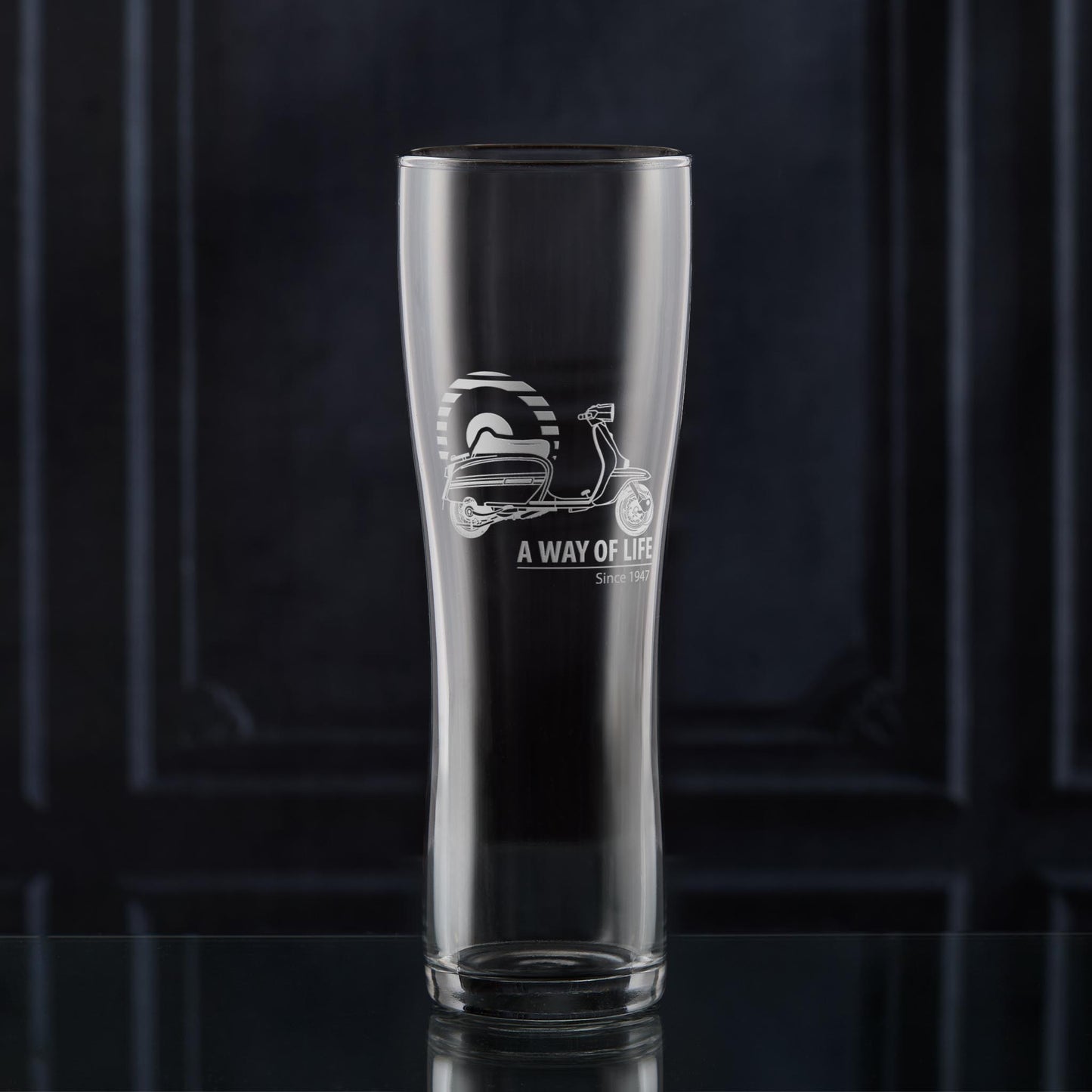 Lambretta pint glass with MOD target design on dark background