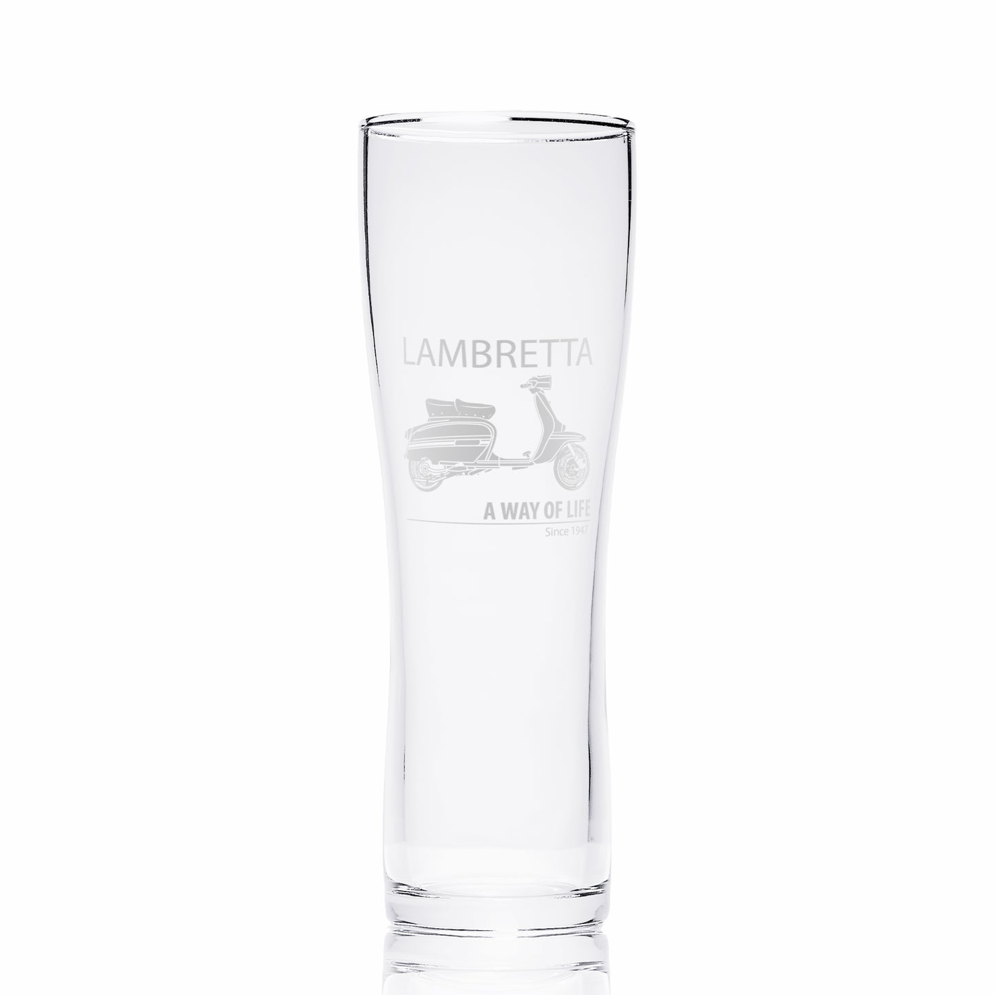 Engraved Lambretta GP pint glass featuring Lambretta logo above and A Way of Life Since 1947 below the scooter, photographed on white background for clarity.