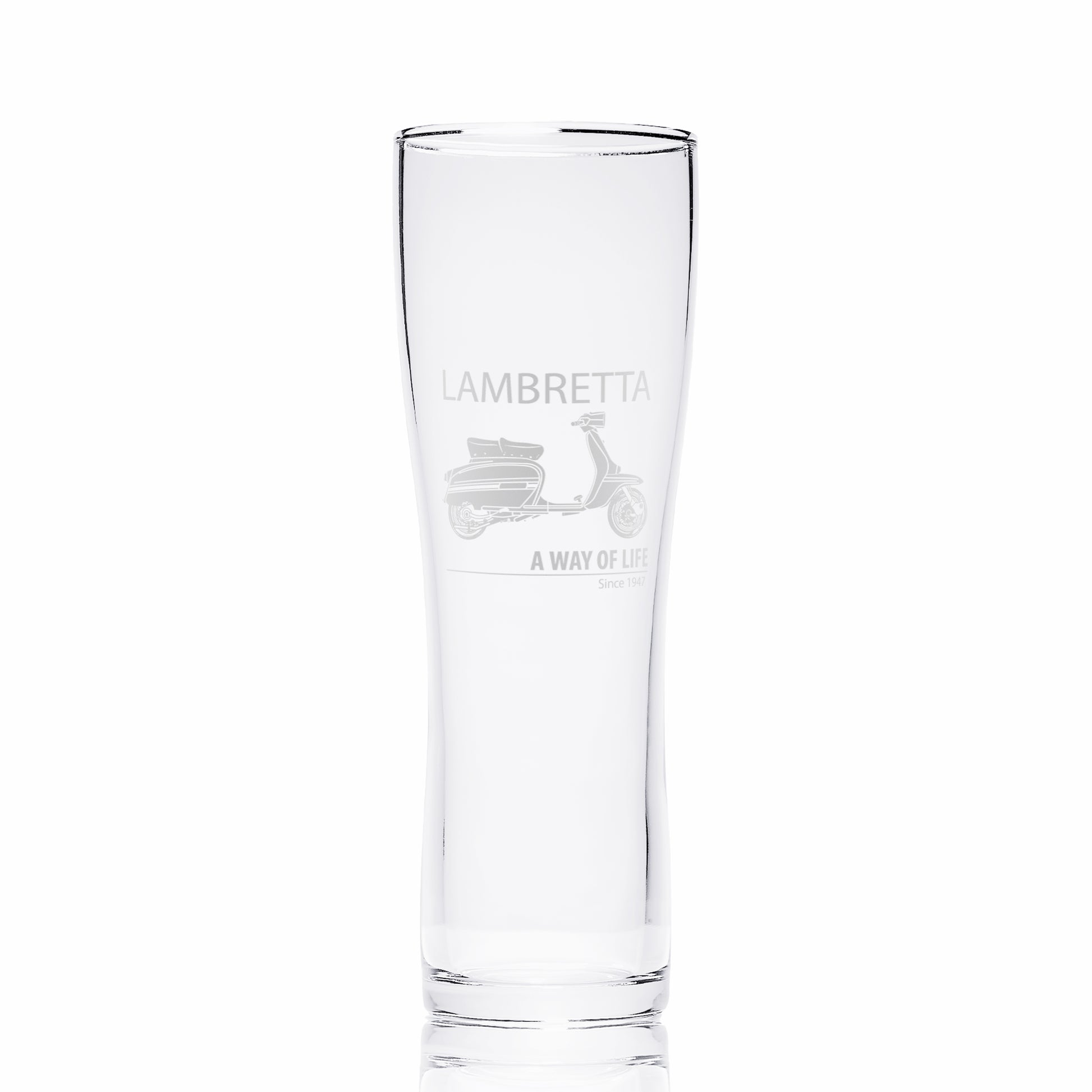 Engraved Lambretta GP pint glass featuring Lambretta logo above and A Way of Life Since 1947 below the scooter, photographed on white background for clarity.