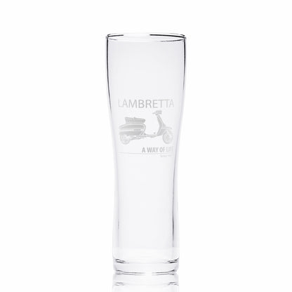 Engraved Lambretta GP pint glass featuring Lambretta logo above and A Way of Life Since 1947 below the scooter, photographed on white background for clarity.