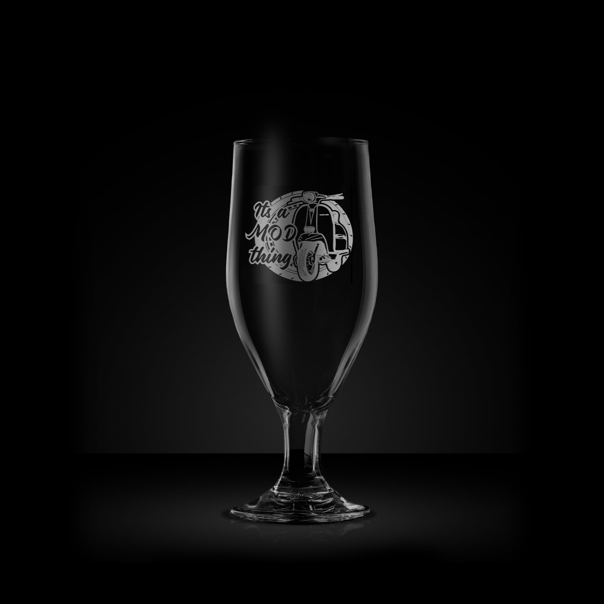 engraved stemmed beer glass featuring a lambretta gran prix scooter design