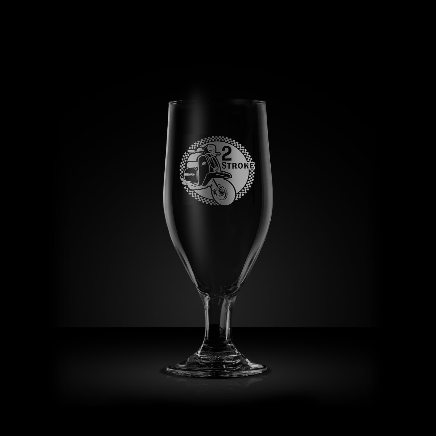 engraved stemmed beer glass featuring a lambretta gran prix scooter design