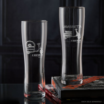 Two Lambretta GP pint glasses side by side showing both Mod Target and Script designs, part of the A Way of Life collection for scooter riders and collectors.