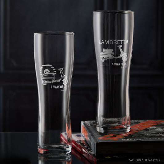 Two Lambretta GP pint glasses side by side showing both designs: one with Mod target, one with Lambretta script