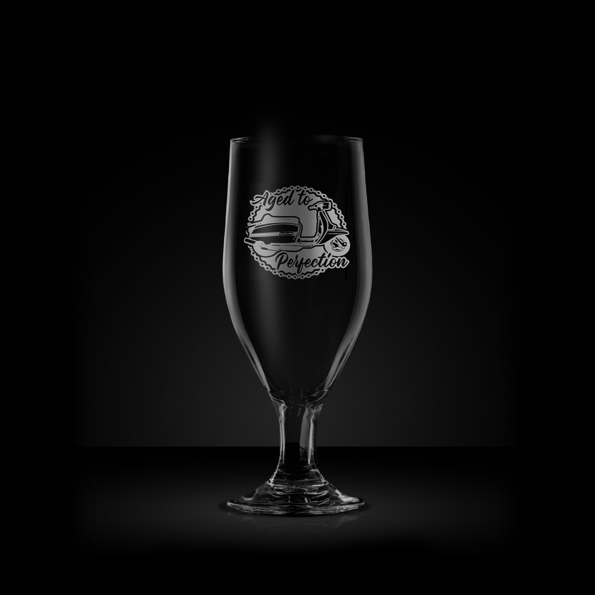 engraved stemmed beer glass featuring a lambretta gran prix scooter design