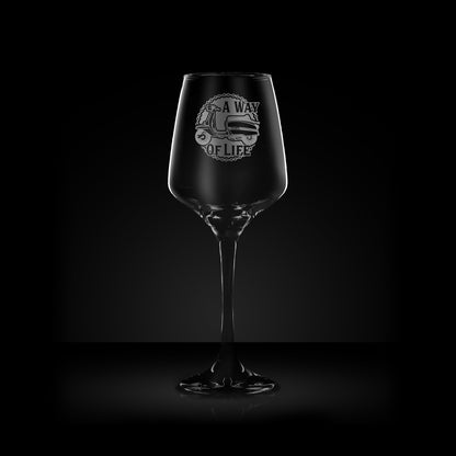 engraved wine glass featuring a lambretta gran prix scooter design