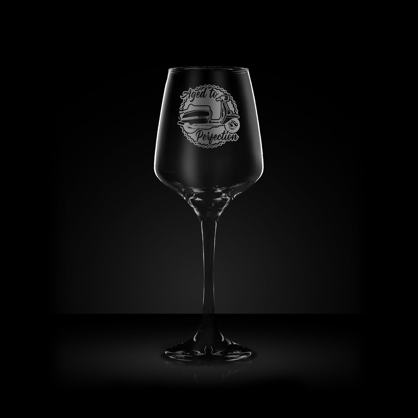 engraved wine glass featuring a lambretta gran prix scooter design