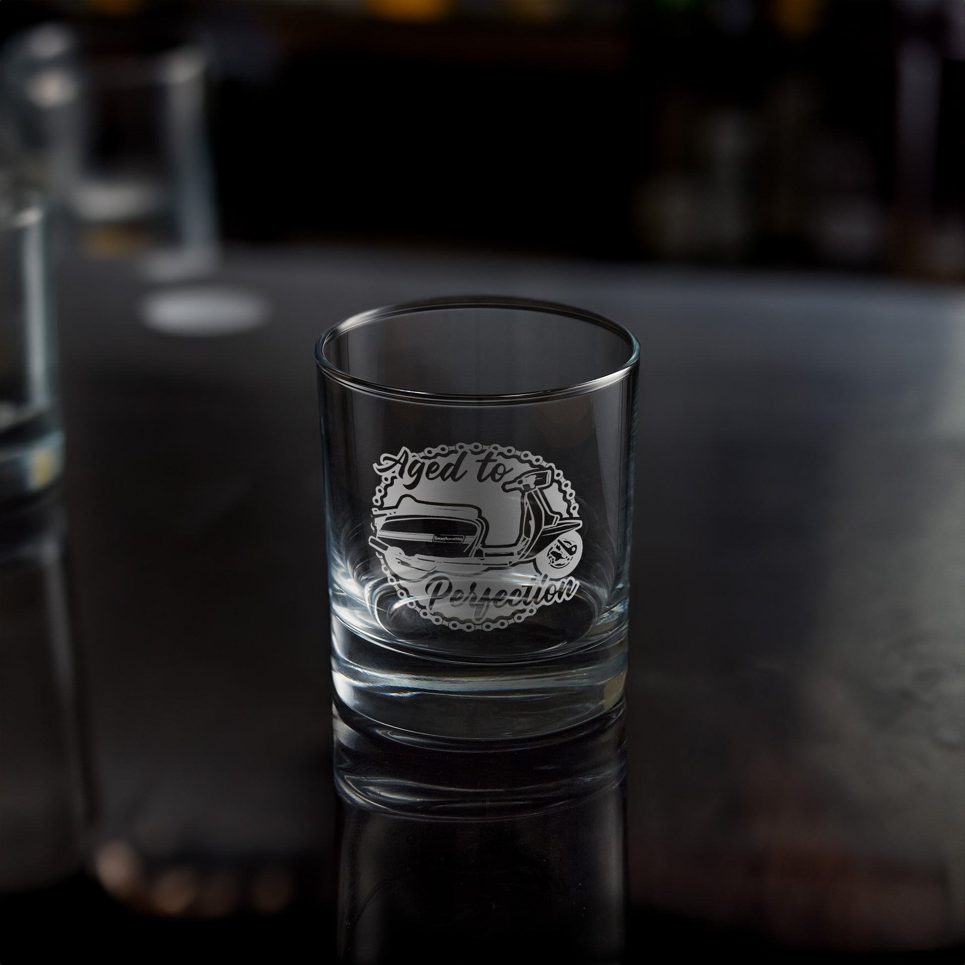 series 3 lambretta gp scooter engraved on a whisky glass