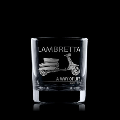 Whisky glass engraved with a series 3 Lambretta GP scooter and the words A Way of Life since 1947