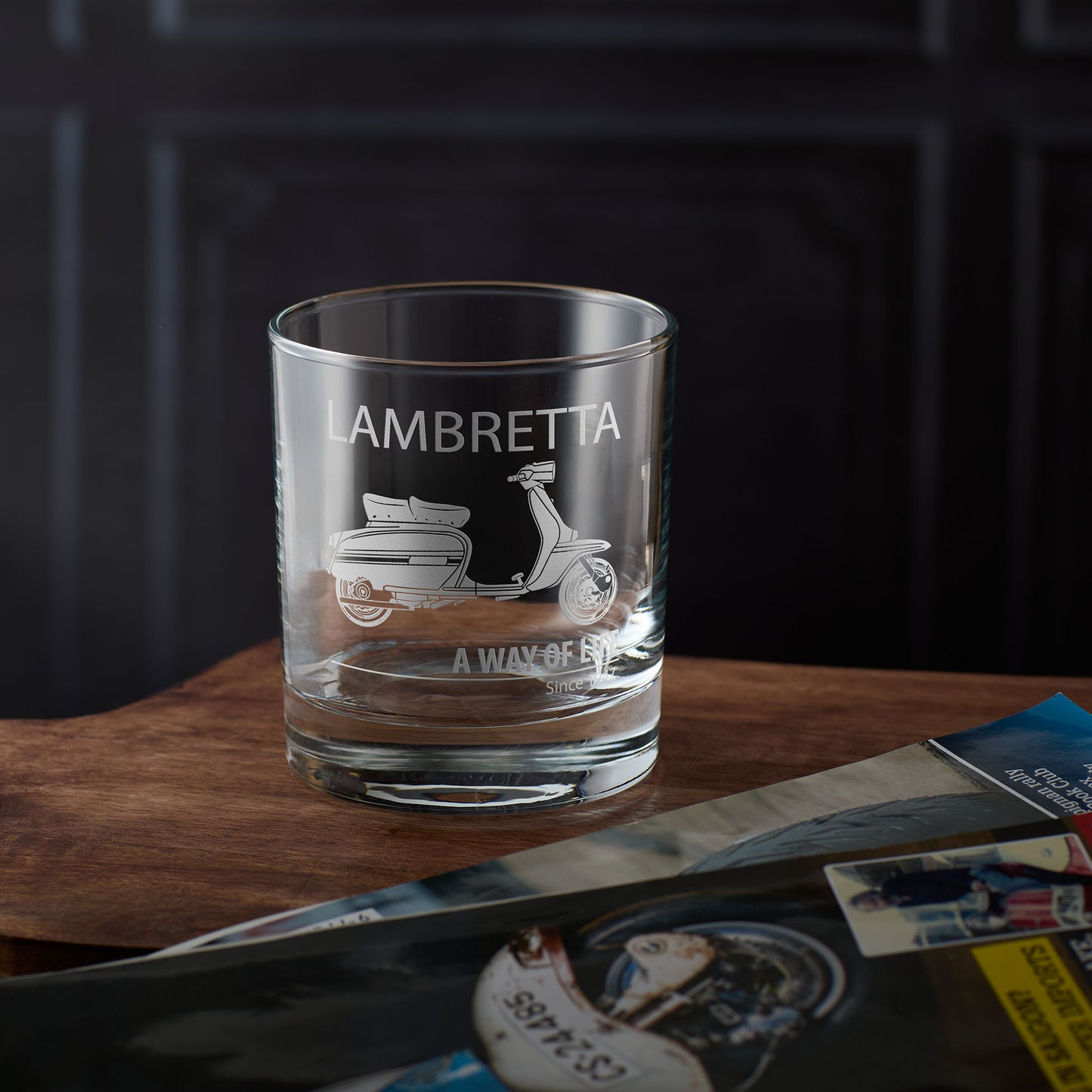 Personalised Lambretta GP whisky glass engraved with Mod target design, styled on dark background”