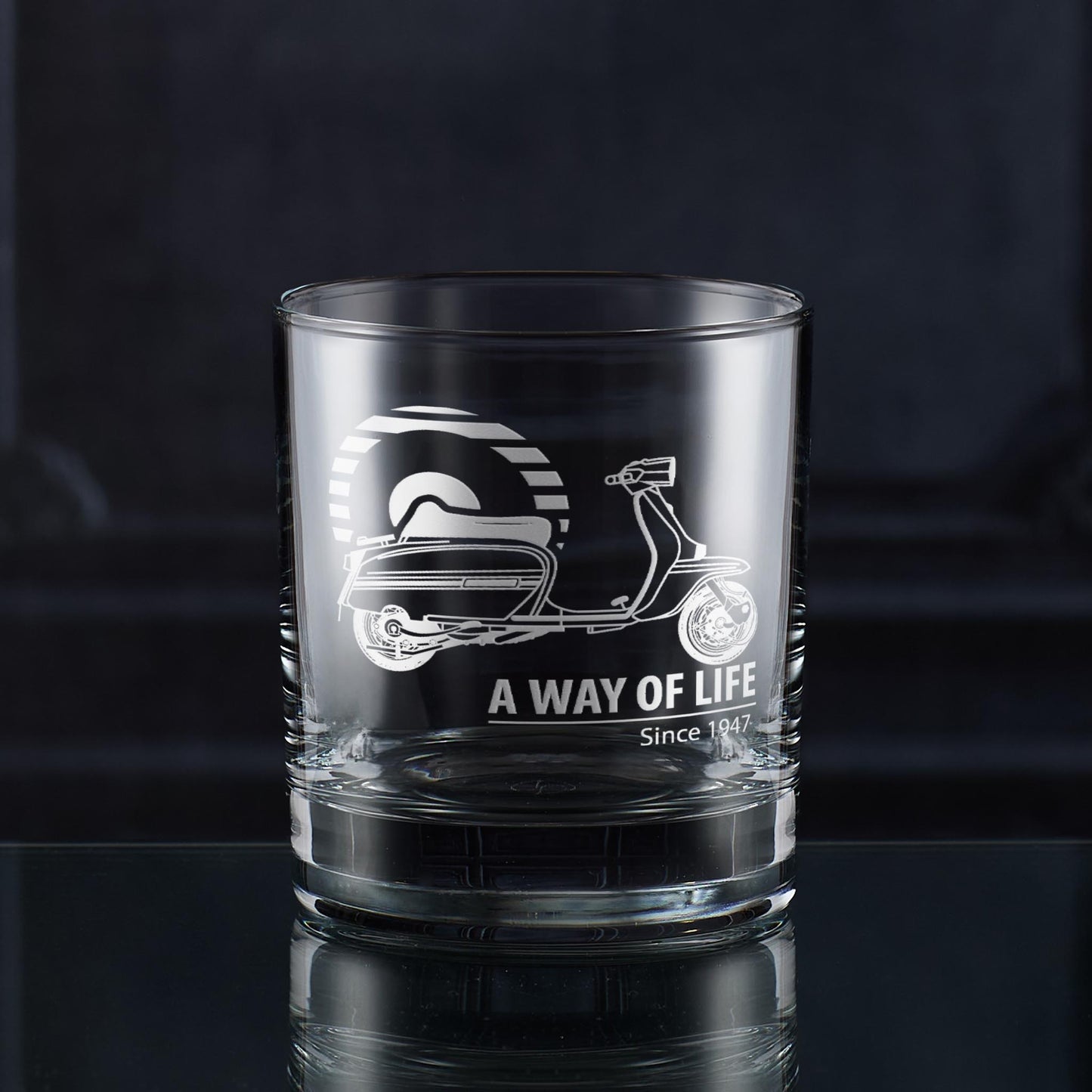 Engraved whisky glass illustrated with a Series 3 Lambretta GP, Mod target design and personalised message