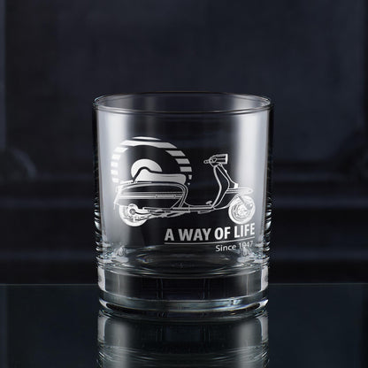 Engraved whisky glass illustrated with a Series 3 Lambretta GP, Mod target design and personalised message