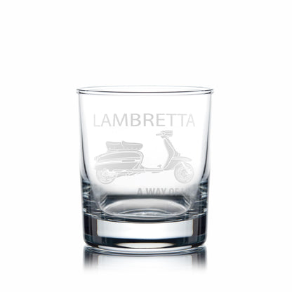 Whisky glass engraved with a series 3 Lambretta GP scooter and a personalised message