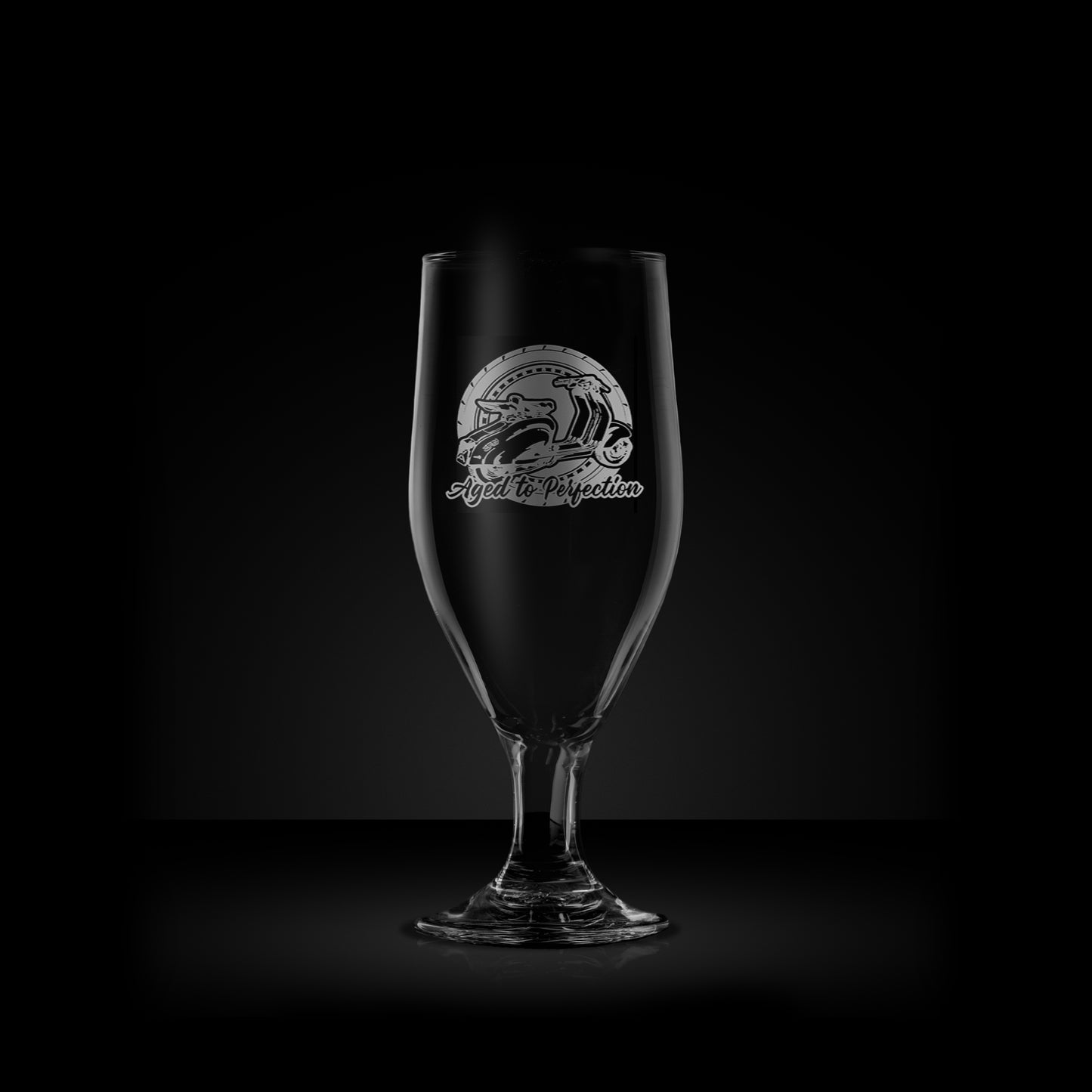 engraved stemmed beer glass featuring a lambretta ld scooter design