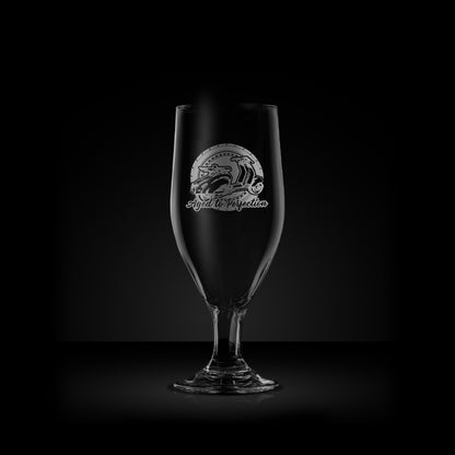 engraved stemmed beer glass featuring a lambretta ld scooter design