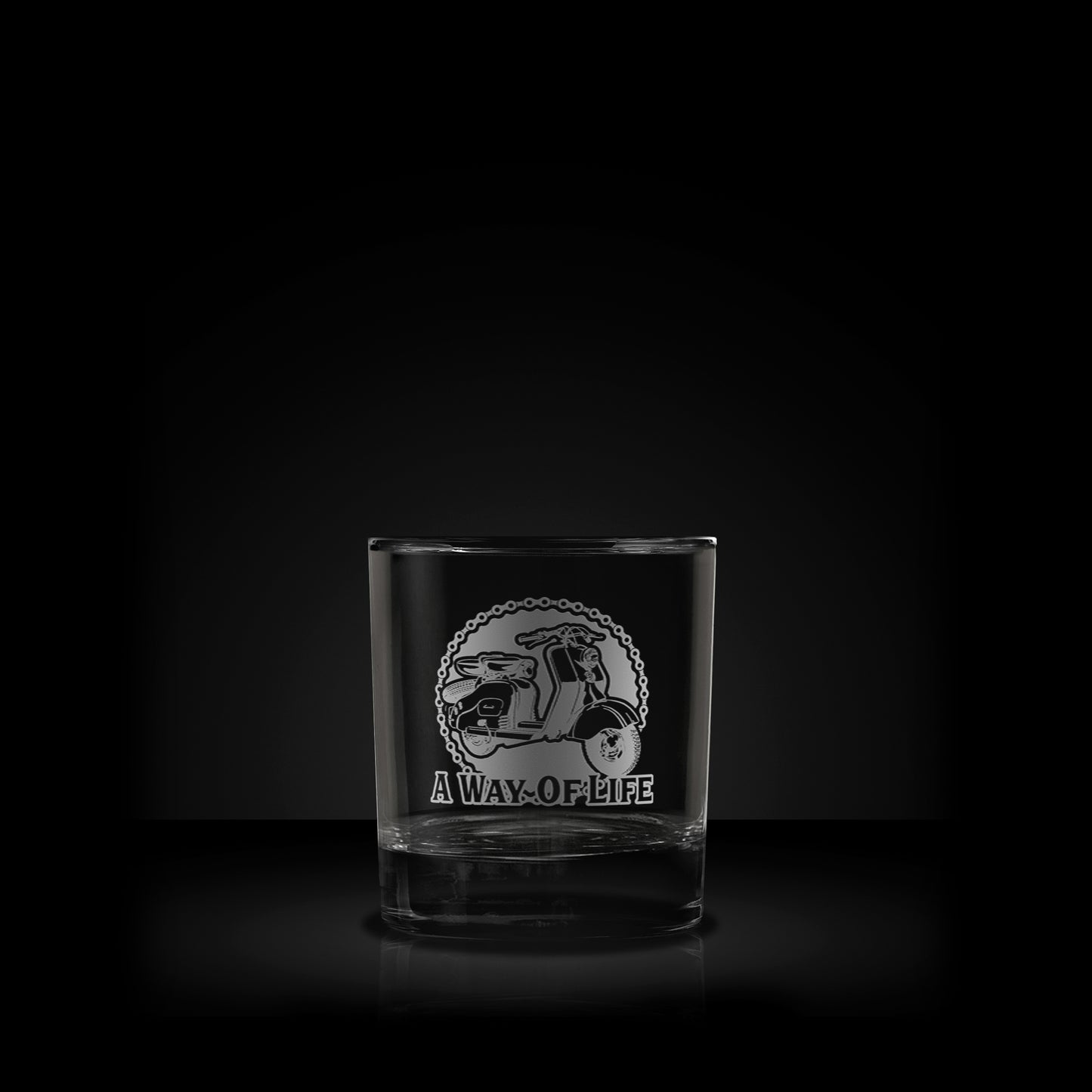 etched whisky glass featuring a a lambretta ld scooter design