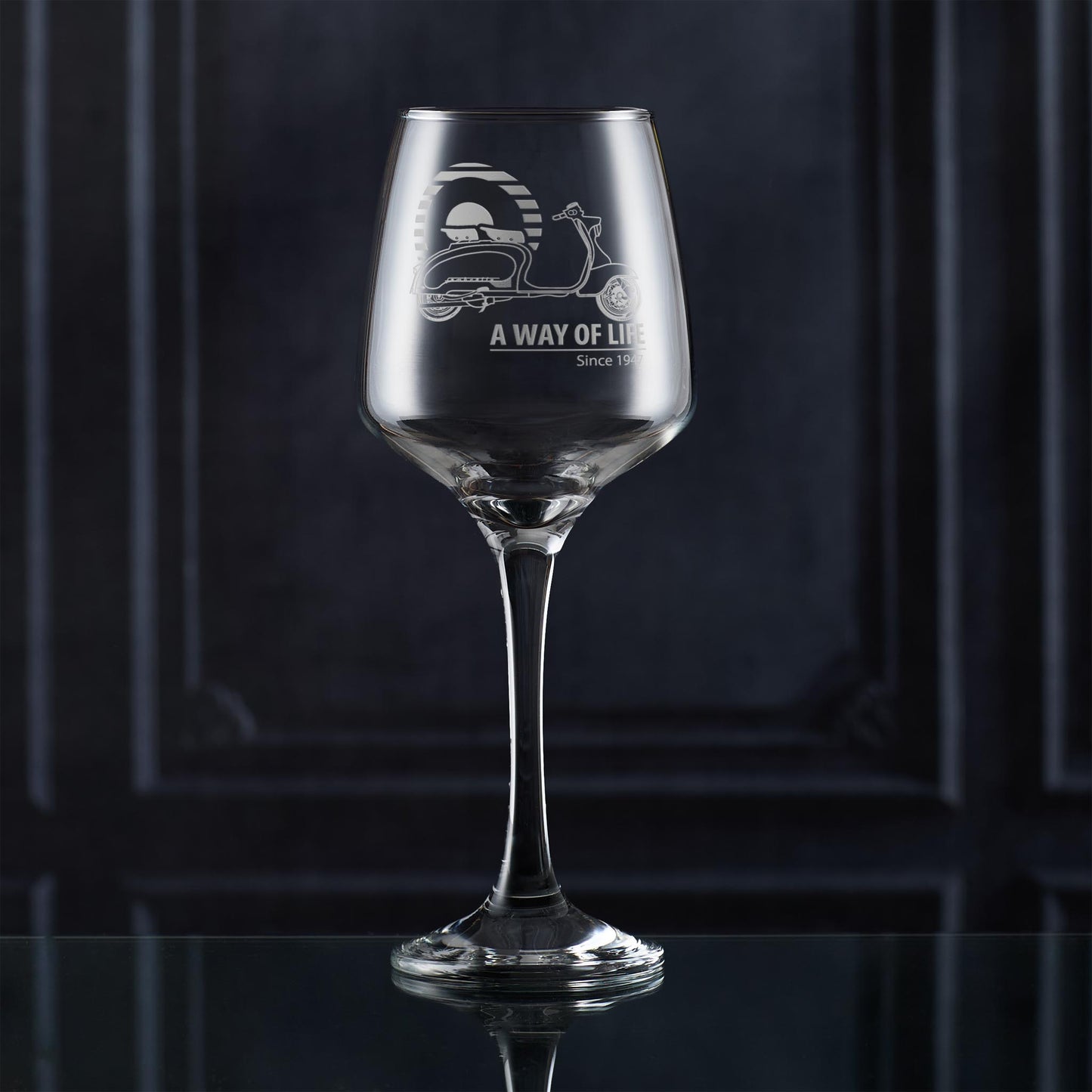 Lambretta LI Series 1 wine glass engraved and styled on dark background