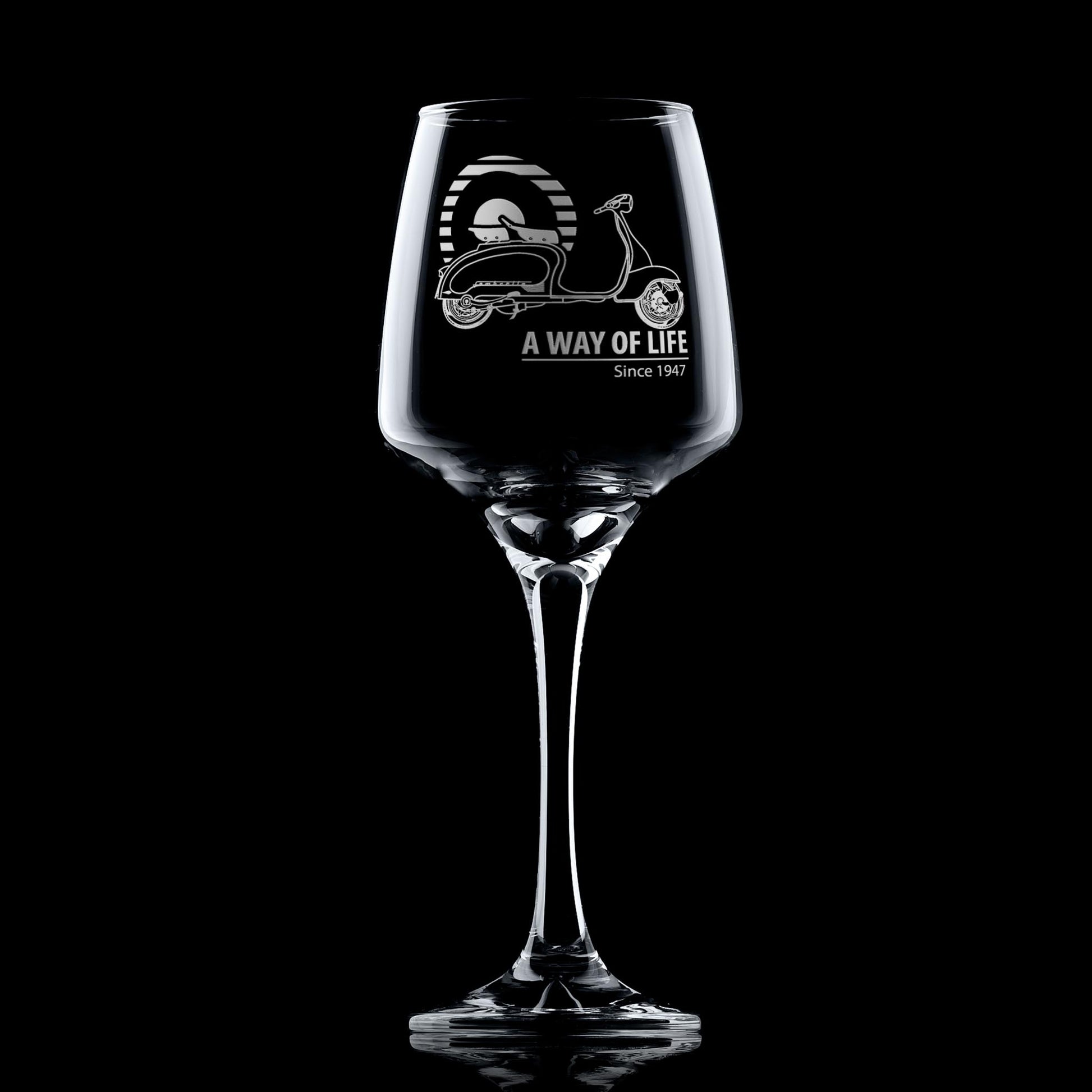 Lambretta LI Series 2 wine glass with Mod target design, shown on black background