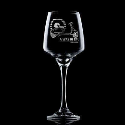 Lambretta LI Series 2 wine glass with Mod target design, shown on black background