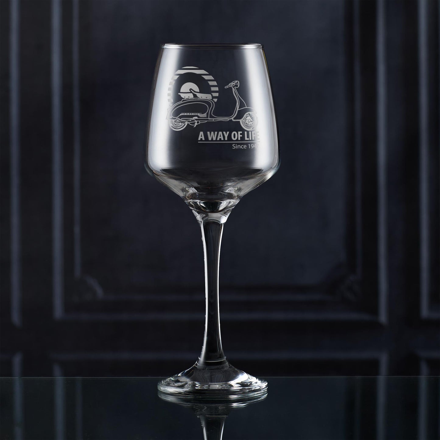 Lambretta LI Series 2 Mod target wine glass, photographed on dark background