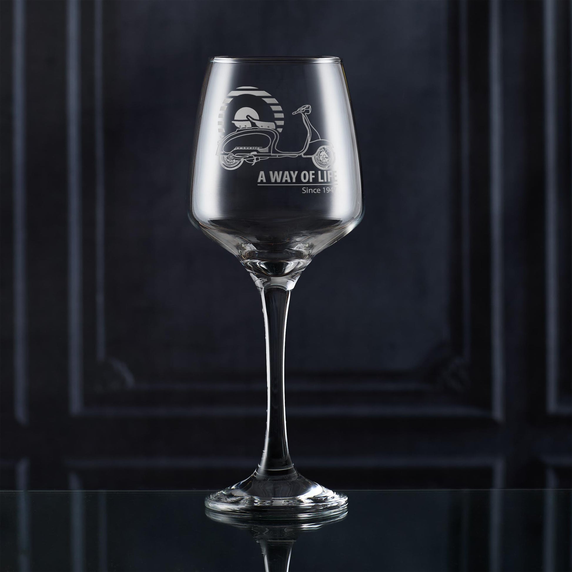 Lambretta LI Series 2 Mod target wine glass, photographed on dark background