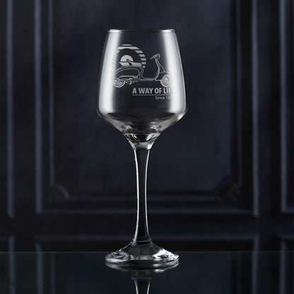 Lambretta LI Series 2 Mod target wine glass, photographed on dark background