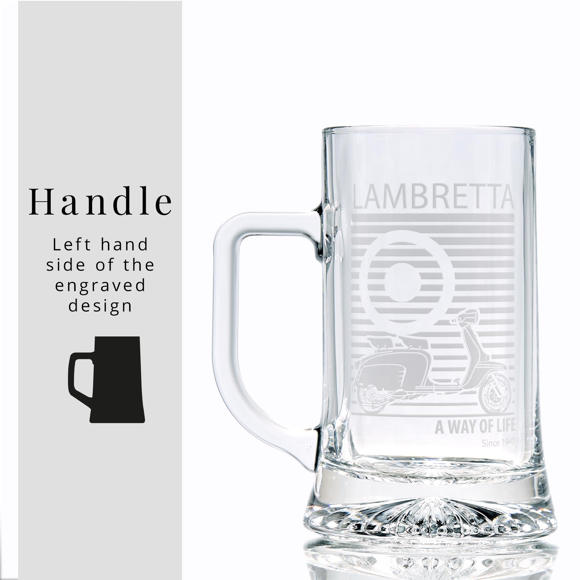 Clear glass tankard with engraved scooter design on a white background
