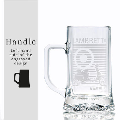 Clear glass tankard with engraved scooter design on a white background
