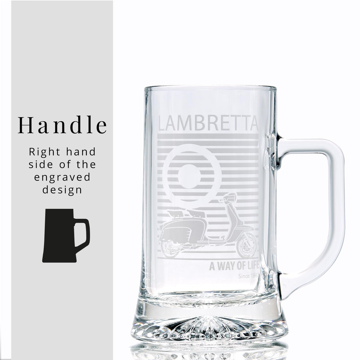 Scootering tankard engraved with a vintage lambretta and MOD design