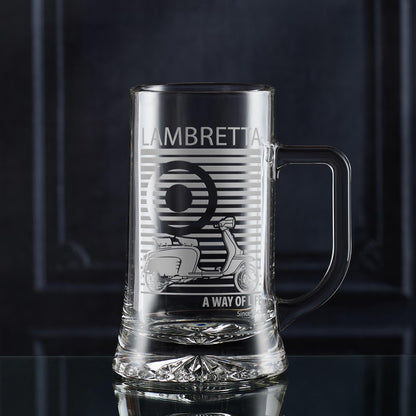 Glass tankard engraved with a classic Lambretta Li Special illustration