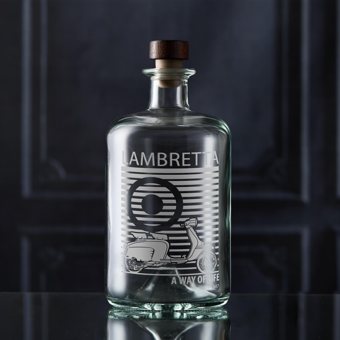 Scooterist decanter engraved with Lambretta Li Special and pinstriped mod target design