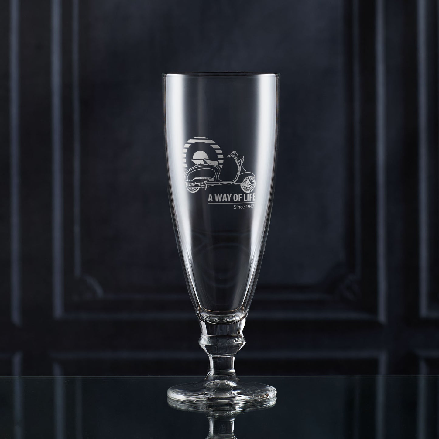 Stemmed Beer Glass engraved with a Series 1 Lambretta Li and mod target with text