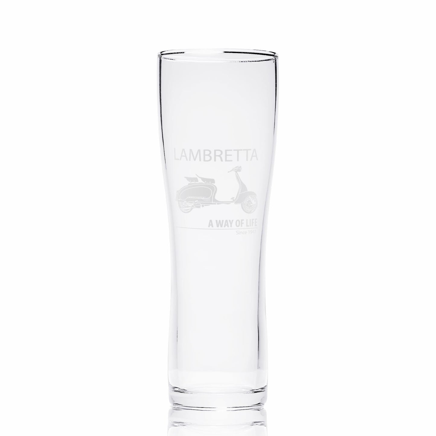 Lambretta LI Series 2 pint glass with Lambretta script on white background