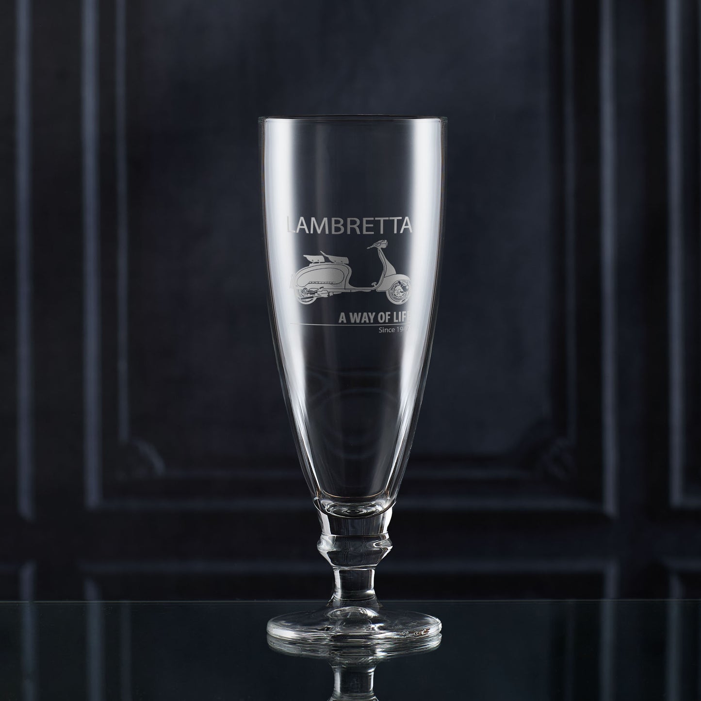 385ml chalice beer glass engraved with a Series 2 Lambretta Li125 and personal message