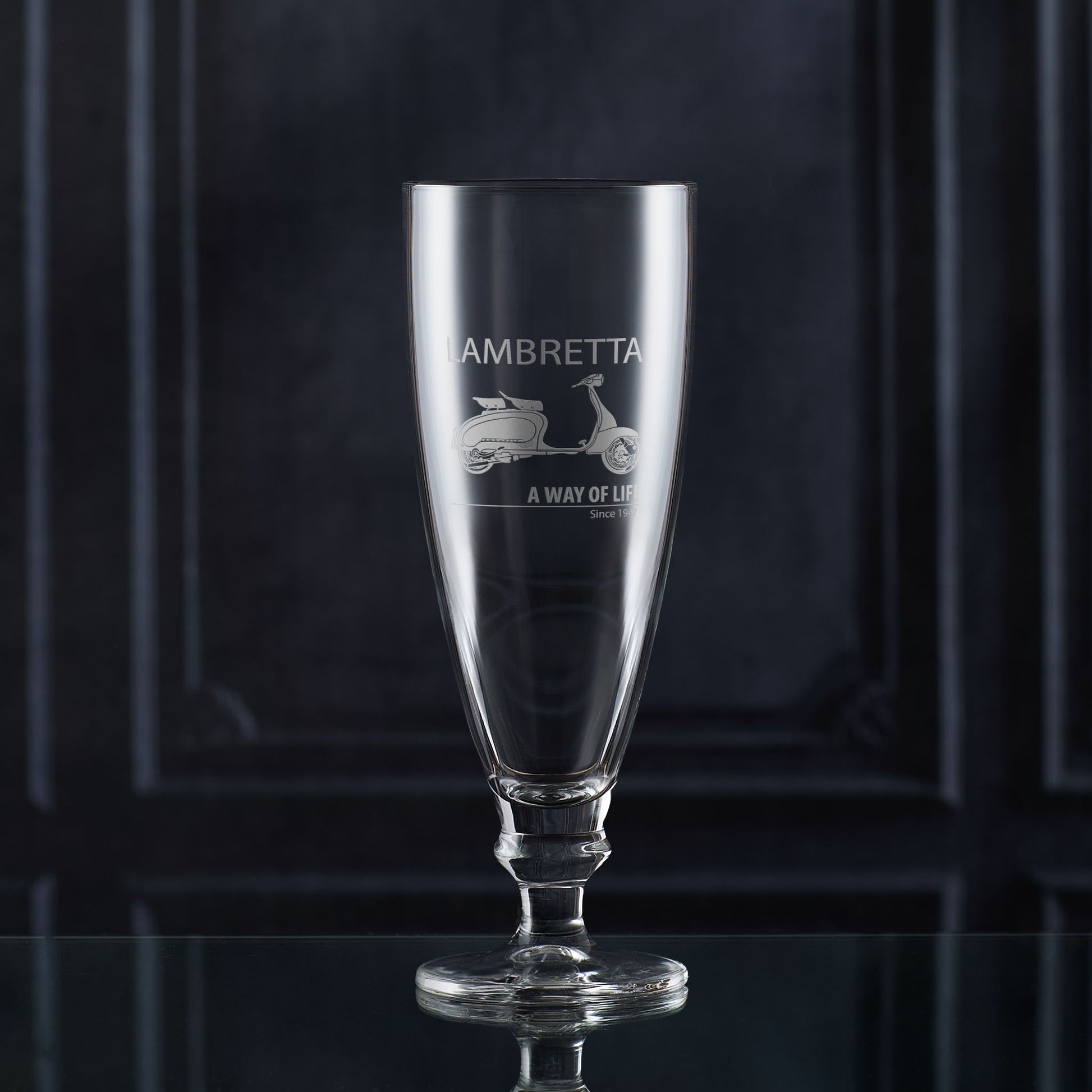385ml chalice beer glass engraved with a Series 2 Lambretta Li125 and personal message