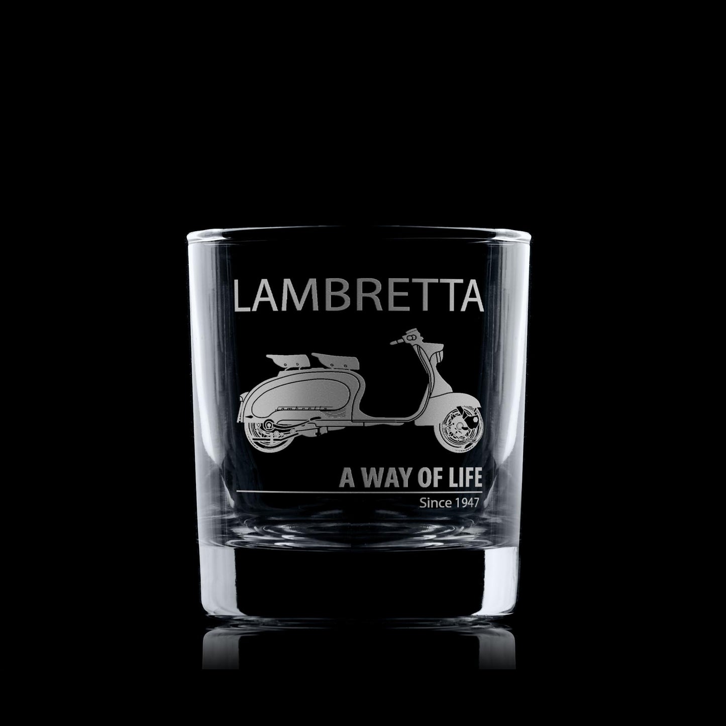 Clear glass with Series 1 Lambretta scooter design and text on a black background