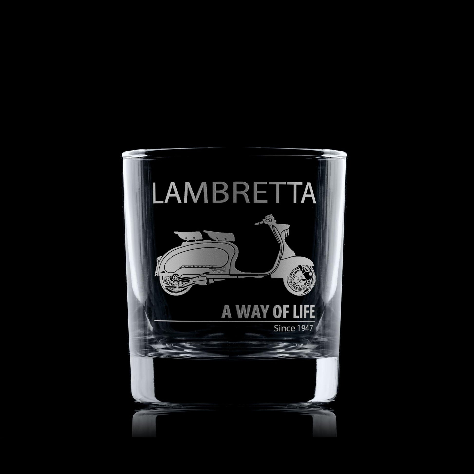 Clear glass with Series 1 Lambretta scooter design and text on a black background
