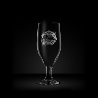 engraved stemmed beer glass featuring a lambretta Lii125 scooter design