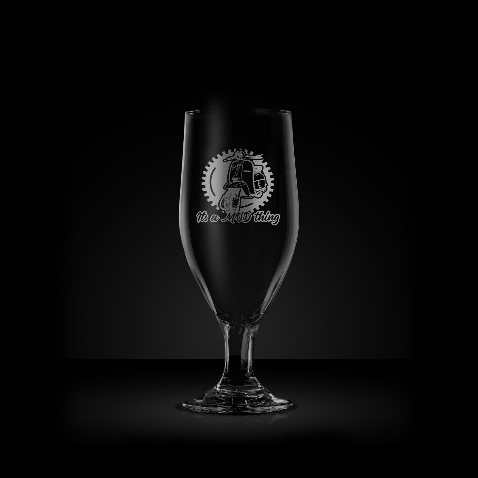 engraved stemmed beer glass glass featuring a lambretta Li special scooter design