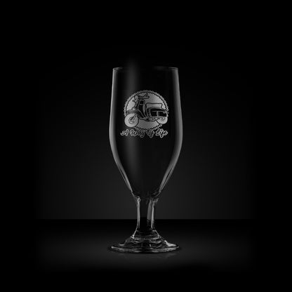 engraved stemmed beer glass glass featuring a lambretta Li special scooter design