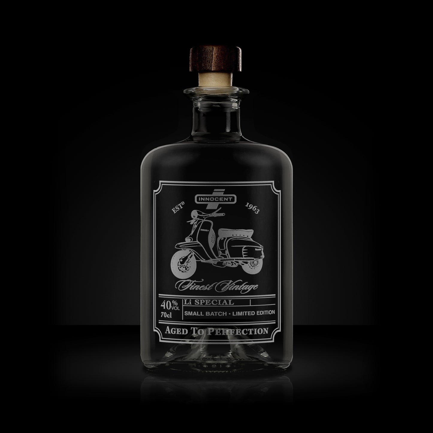 whisky decanter style apothecary bottle engraved with a lambretta li special scooter