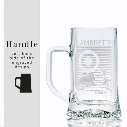 Glass tankard engraved with a classic Lambretta Series 1 lLi1 25 illustration
