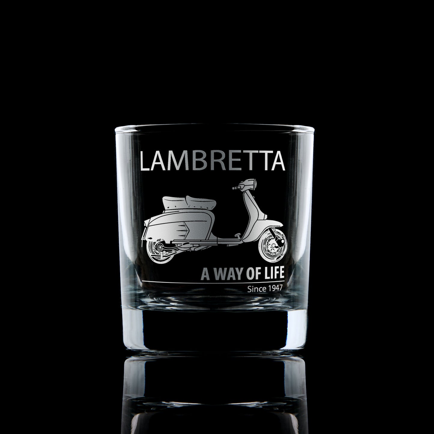 lambretta SX200 scooter engraved whisky glass on a black  background
