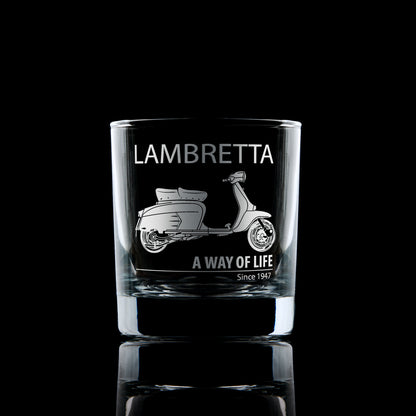 lambretta SX200 scooter engraved whisky glass on a black  background