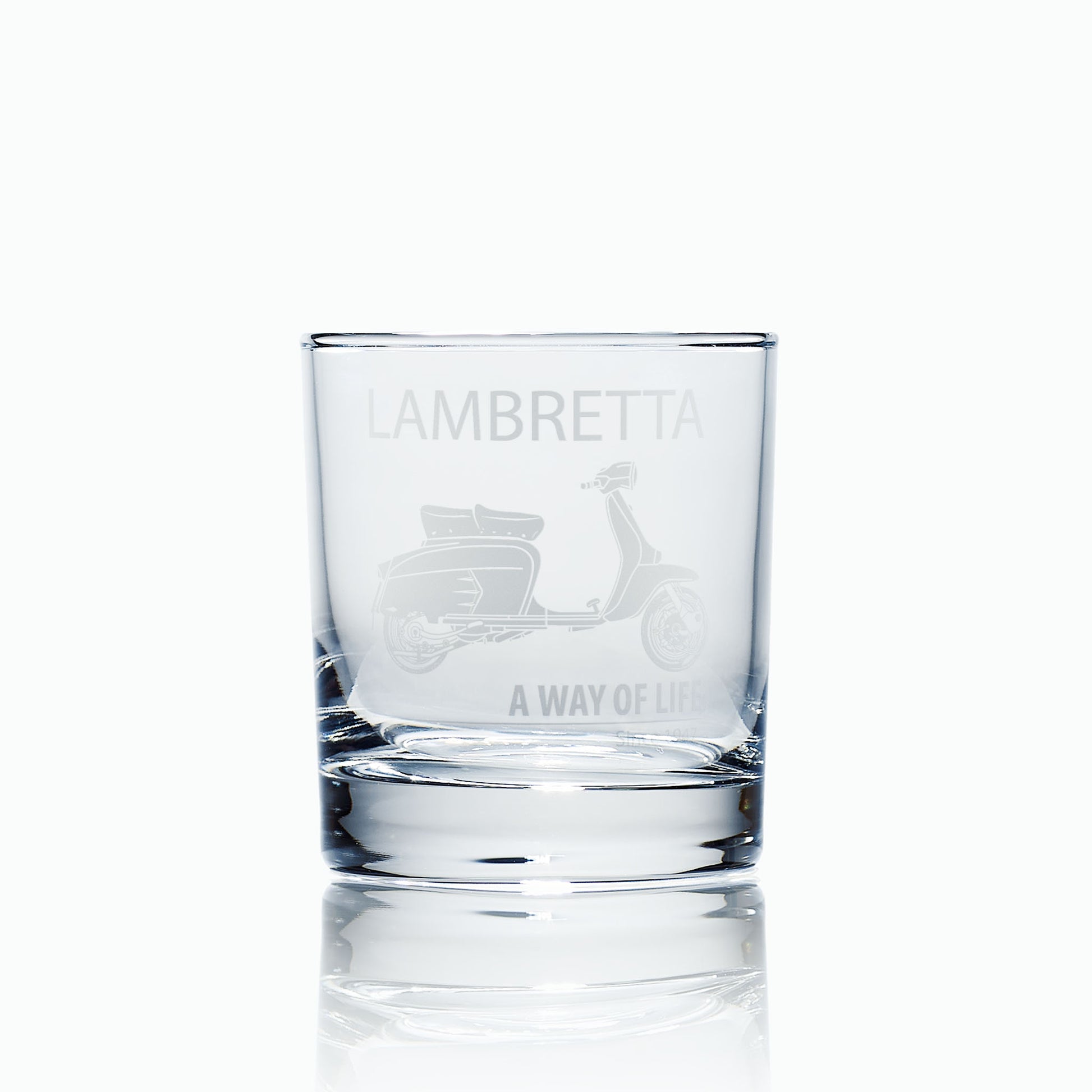 lambretta SX200 scooter engraved whisky glass on a white background