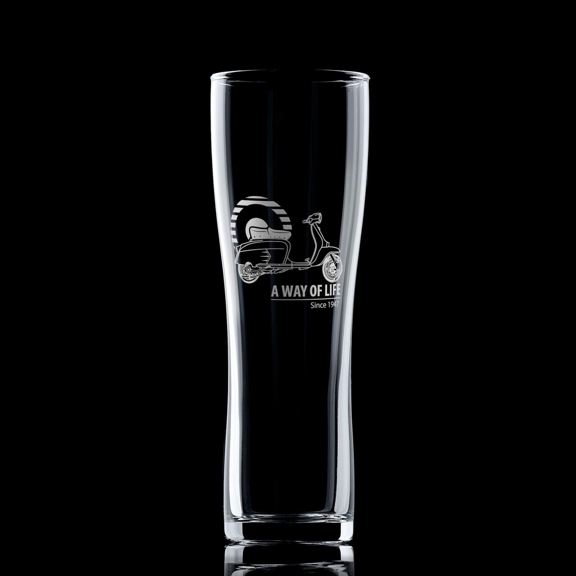 Engraved Lambretta SX200 pint glass with Mod target on black background