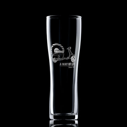 Engraved Lambretta SX200 pint glass with Mod target on black background