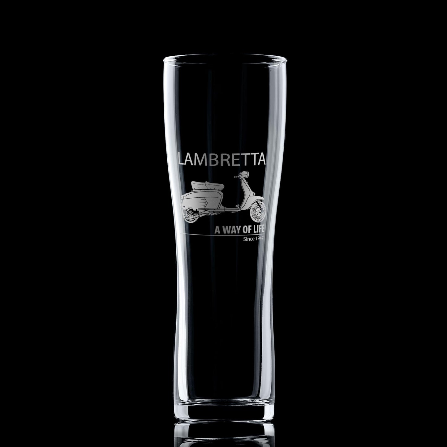 Clear glass with Lambretta scooter design on a black background