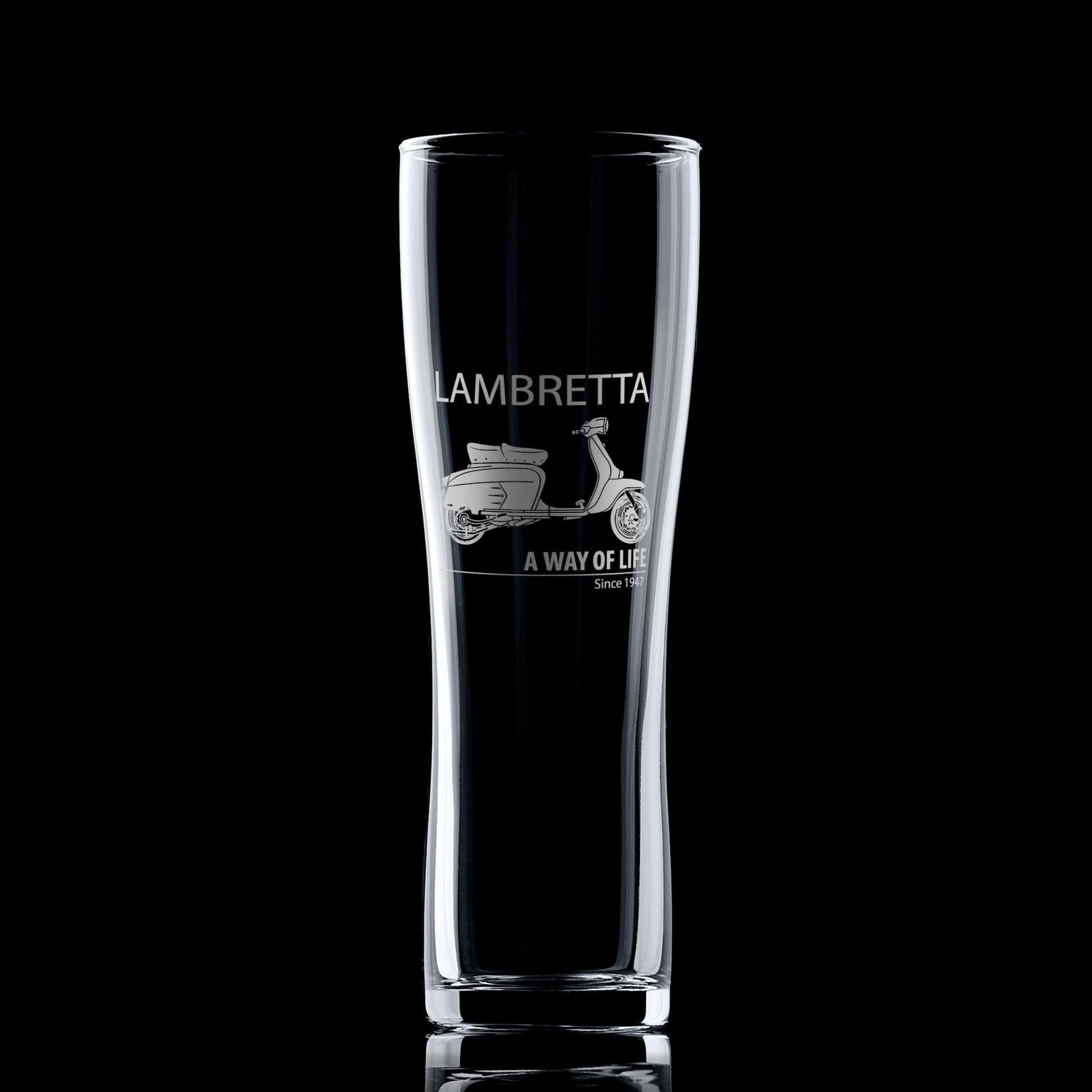 Clear glass with Lambretta scooter design on a black background