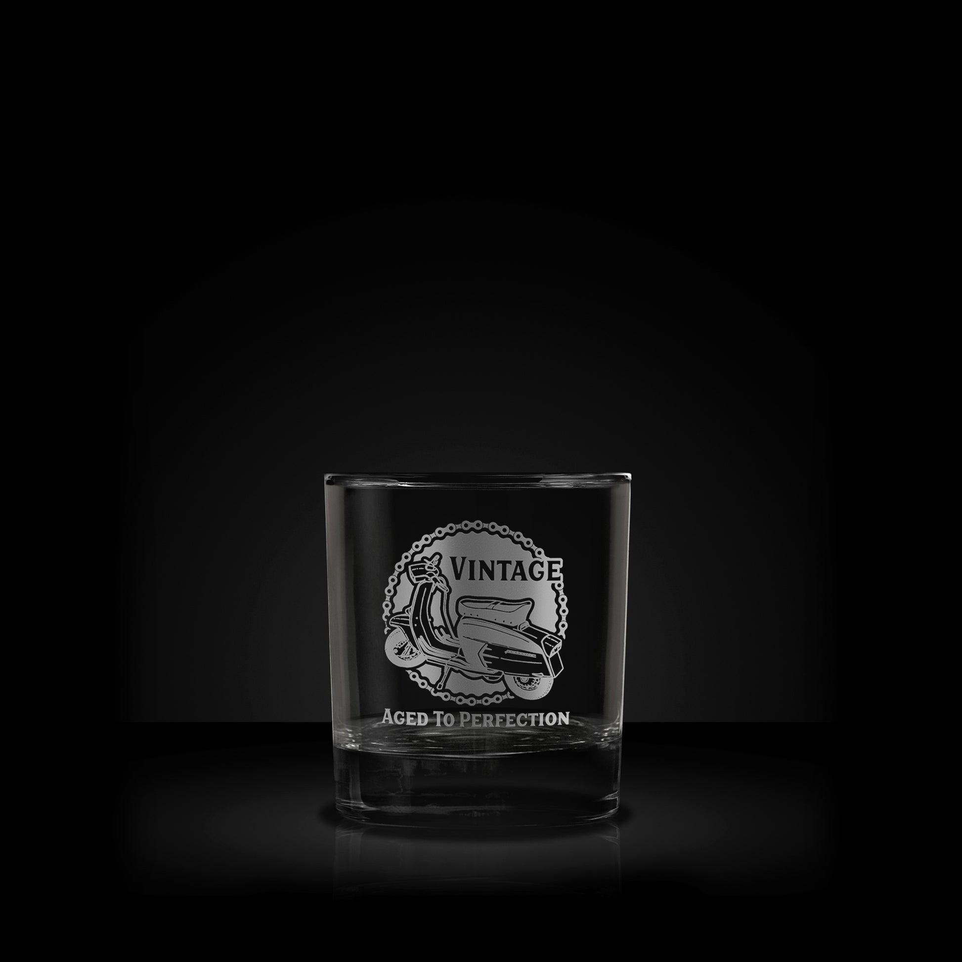 engraved whisky glass featuring a lambretta sx200 scooter design